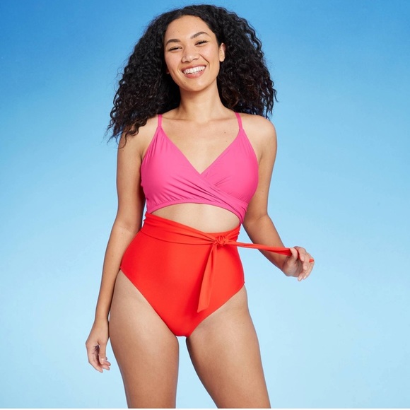 Sea Angel Women's Pink Red Front Cutout One Piece Swimsuit - Picture 14 of 15